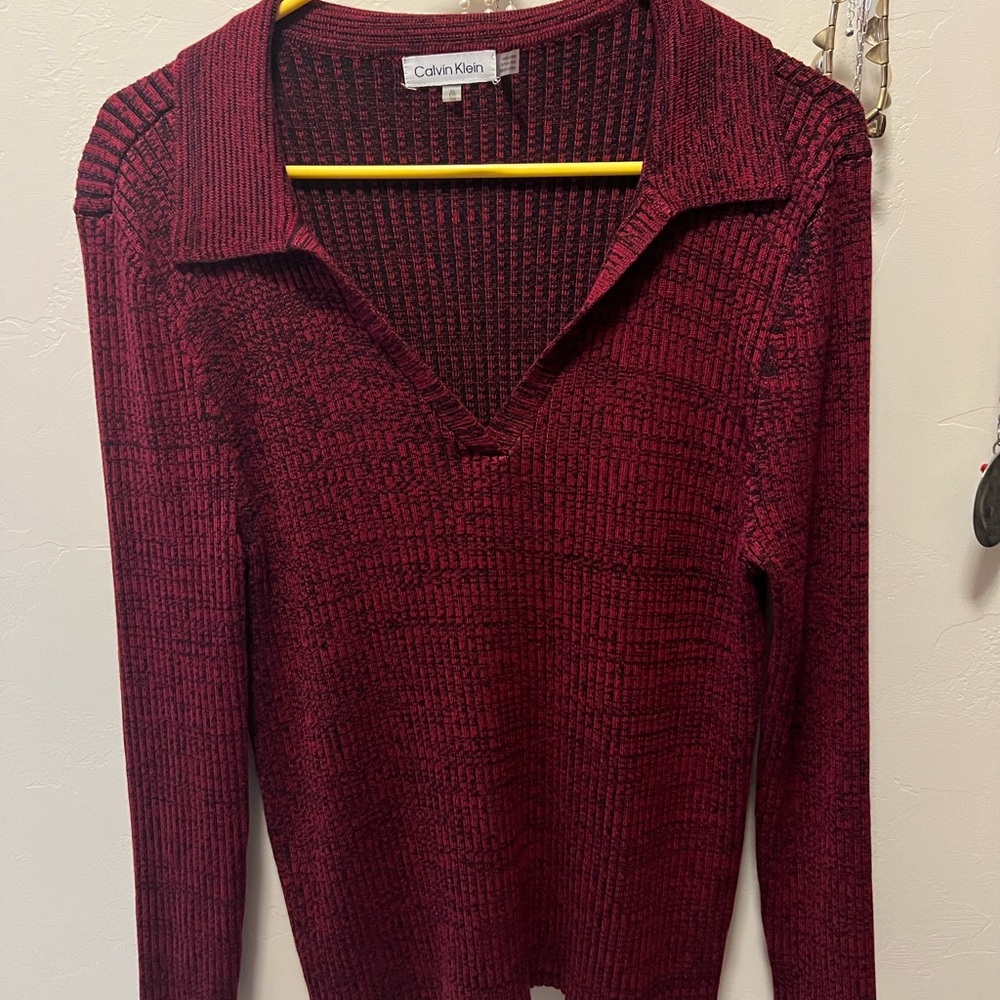 Calvin Klein Women's Deep Red V-Neck Sweater with subtle Navy Stripes